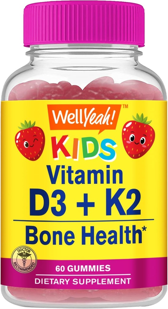 WellYeah Vitamin D3 + K2 for Kids Gummies - Vitamin D3 1000 IU, K2 100 MCG - Bone and Muscle Health Support, Natural Flavors, GMO Free, Gluten Free, Vegan - K2 D3 Vitamin Supplement- 60 Gummies
