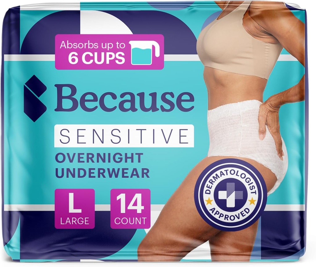Parce que l'incontinence des adultes sous-vêtements pour la peau sensible - Femmes - Slips jetables de nuit premium, anti odor - blanc, gros - Absorbe 6 tasses - 14 Compte (paquet de 1)