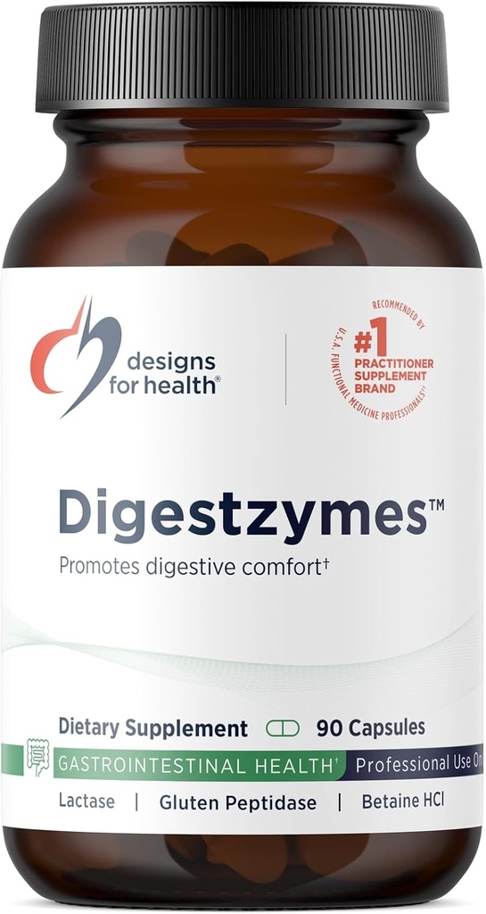 Designs for Health Digestzymes - Enzymes digestifs + Hydrochlorure de bétaïne pour le gaz et le dégel - Pepsine, Bile d'Ox, Enzymes de Lactase et Enzymes de Lipase pour la digestion (90 capsules)