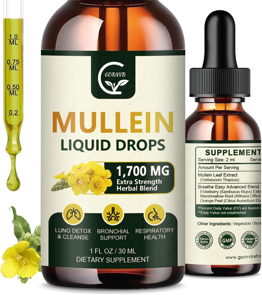(2 packs) gouttes de Mullein pour les poumons - Lungs Cleanse and Respirative Support, puissant extrait de 4 en 1 de Mullein Leaf avec Elderberry, Marshmallow Root et Orange Peel pour Bronchial Support, 1 Fl Oz