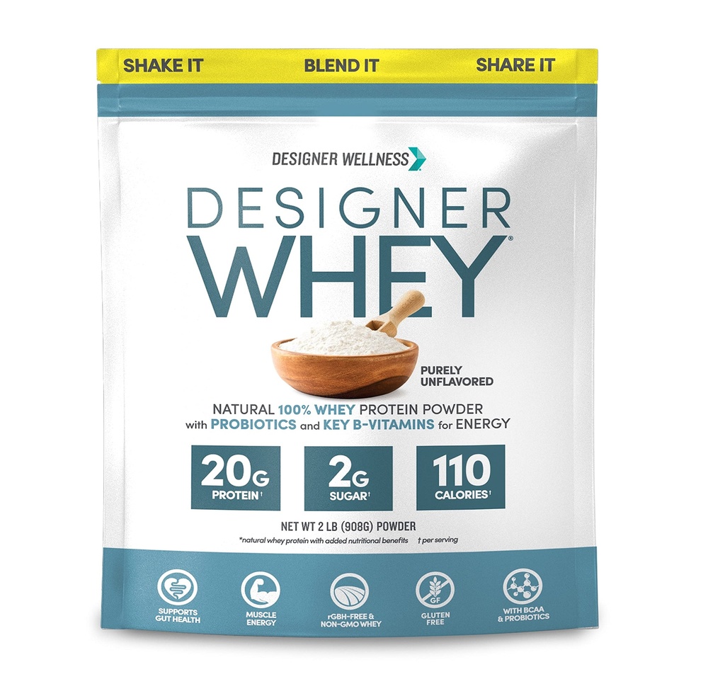 Designer Wellness, Designer Whey, Natural Whey Protein Powder with Probiotics, Fiber, and Key B-Vitamins for Energy, Gluten-Free, Purely Unflavored, 2 lb