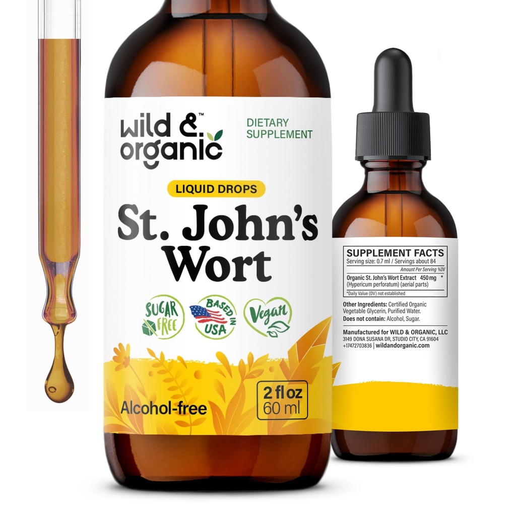 Teinture de millepertuis sauvage et biologique - Support d'humeur - Supplément de millepertuis relaxant - gouttes d'herbes liquides Hypericum perforatum - végétalien, sans sucre et sans alcool - 2 fl oz