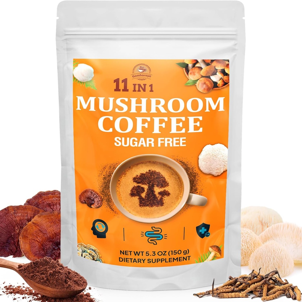 Champignon Café - Champignon Café biologique avec 11 champignons super-alimentaires, comprend Lion's Mane, Reishi, Chaga, Cordyceps et adaptogènes, Supplément Champignon pour l'énergie, Focus, Mémoire et Immunité - 5.3oz