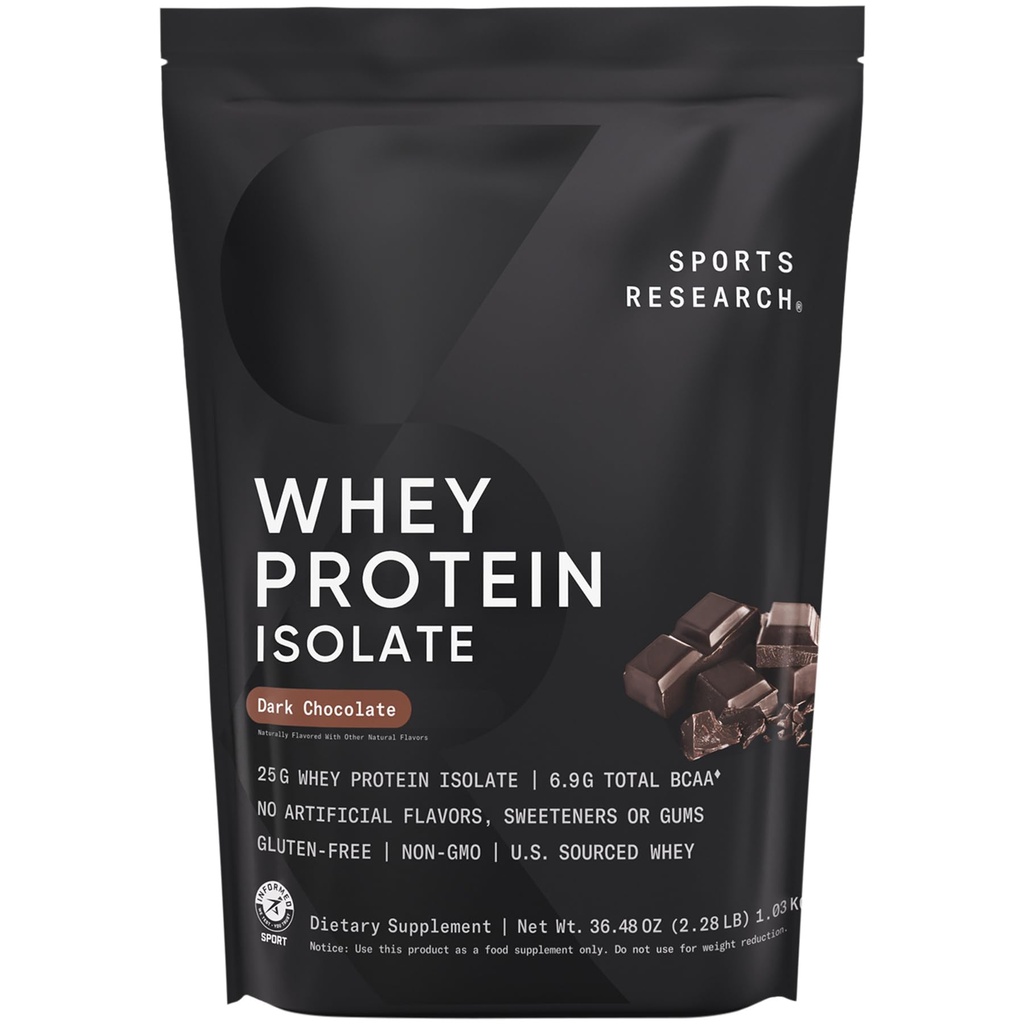Sports Research® 100% Whey Protein Isolate Dark Chocolate - U.S. Sourced Protein Powder w/BCAAs - No Artificial Flavors or Gums- Informed Sport Tested · Gluten Free - 2lb Bulk Bag, 25 Servings
