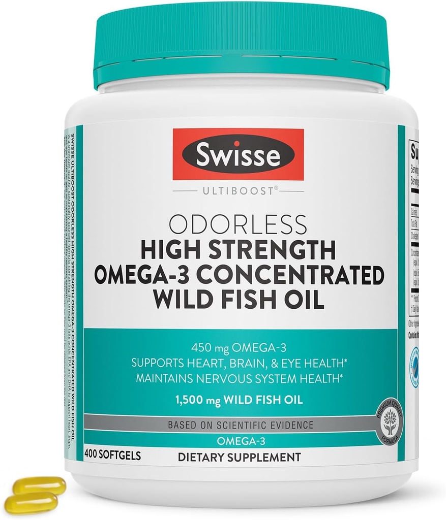 Swisse Wild Fish Oil Omega 3 Suppléments pour les femmes et les hommes EPA DHA Suppléments pour l'huile de poisson Odorless - aide à soutenir la santé du cerveau, des yeux et du coeur , haute résistance 1500 mg , 400 pilules softgel