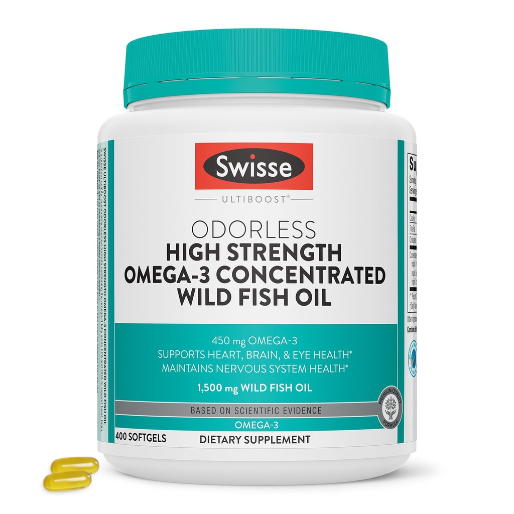 Swisse Wild Fish Oil Omega 3 Suppléments pour les femmes et les hommes EPA DHA Suppléments pour l'huile de poisson Odorless - aide à soutenir la santé du cerveau, des yeux et du coeur , haute résistance 1500 mg , 400 pilules softgel