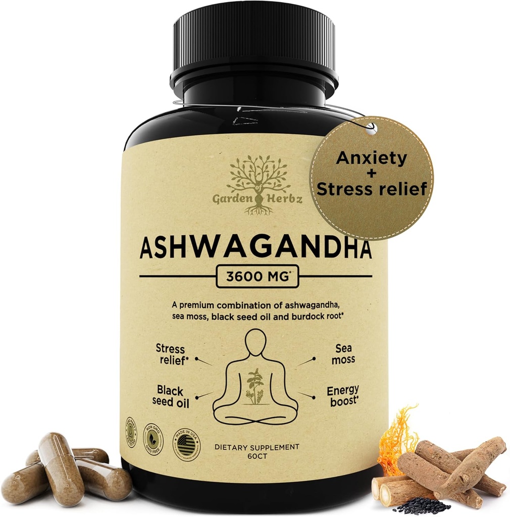 Racine d'Ashwagandha biologique et mousse de mer d'Irlande – supplément de 3 600 mg d'Ashwagandha avec huile de graines noires, et racine de Burdock – supplément à base de plantes pour l'énergie, le soulagement du stress, la force supplémentaire, 60 capsules