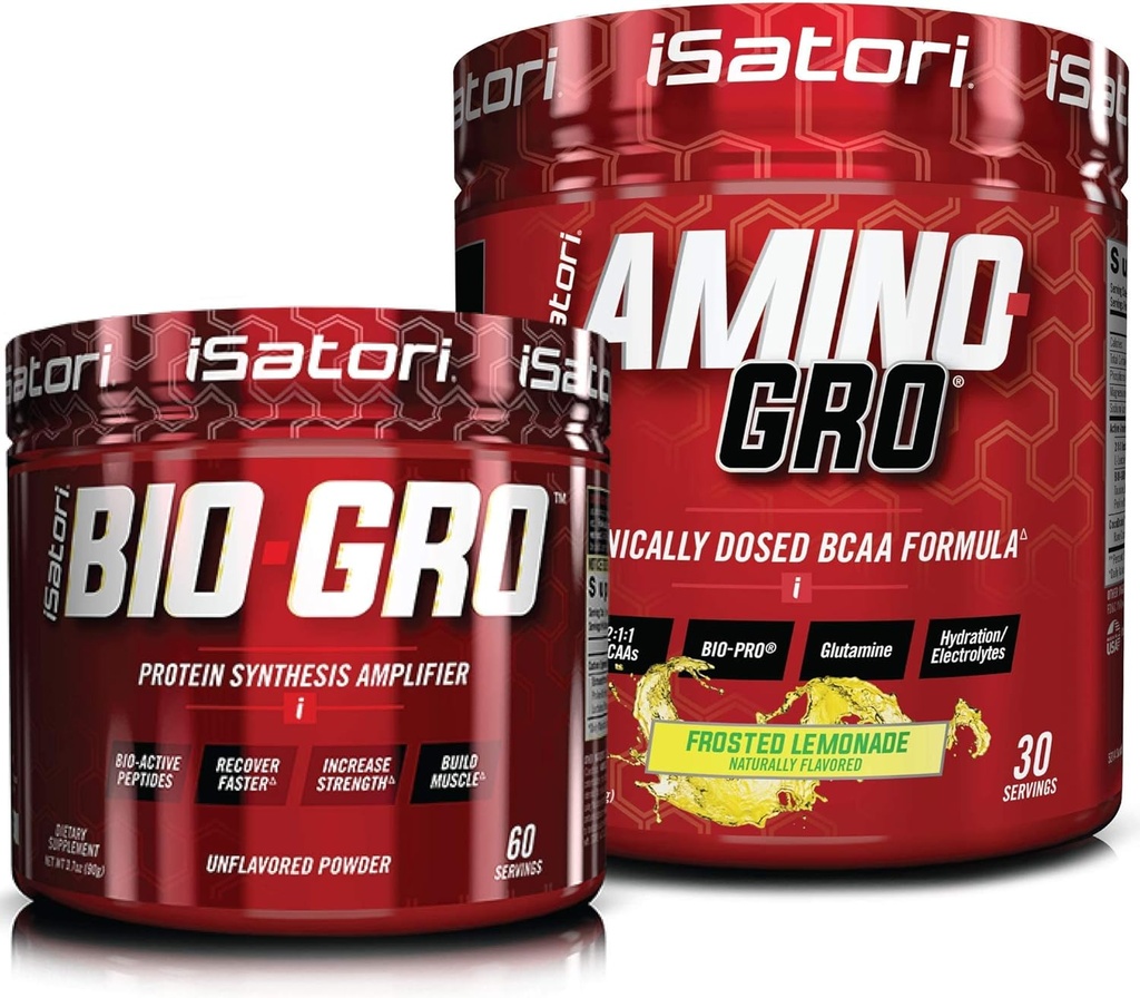 Amplificateur de synthèse de protéines bio-GRO d'iSatori - non aromatisé (60 portions) et iSatori Amino-GRO BCAA Poudre - Cimonade givrée (30 portions)