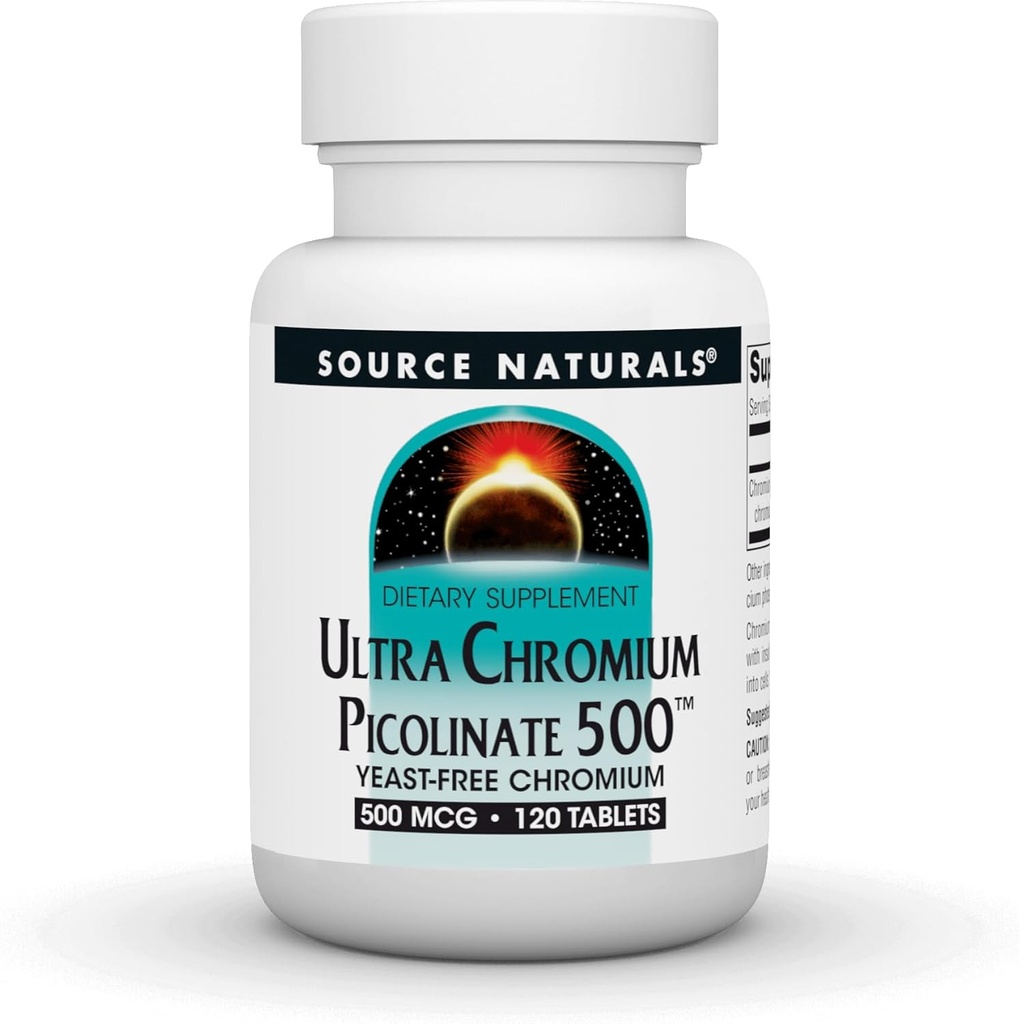 Source Naturelle Ultra Chrome Picolinate 500 Sans levureChromium, supplément alimentaire végétarien, 500 mcg - 120 comprimés