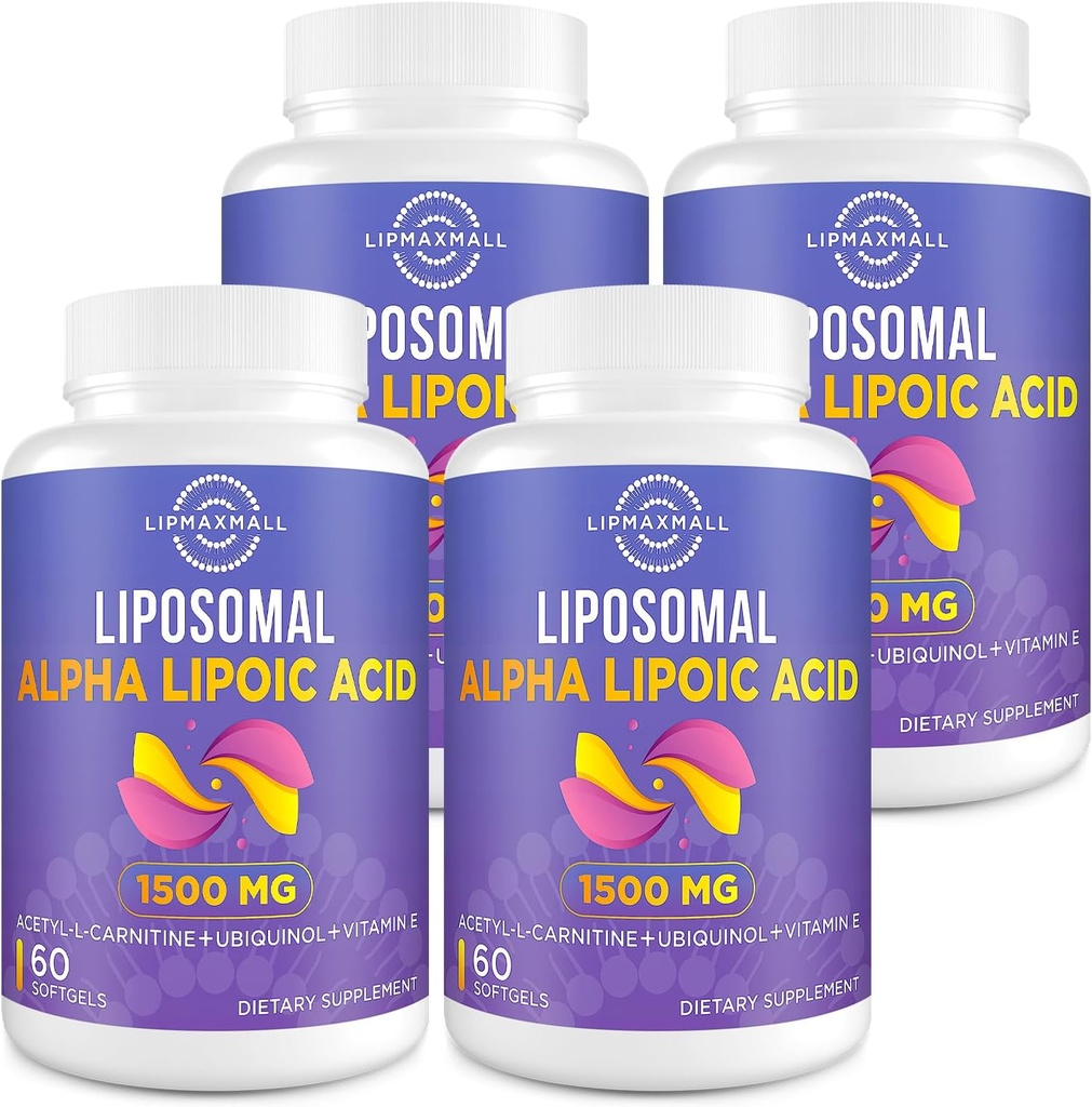 Acide alpha lipoïque liposomique 1500mg - avec acétyl-L-Carnitine 900mg & Ubiquinol 100mg & Vitamine E 15mg,ALA Supplément pour les antioxydants Glucose Métabolisme Nerve Energy,60 Softgels (4 bouteille)