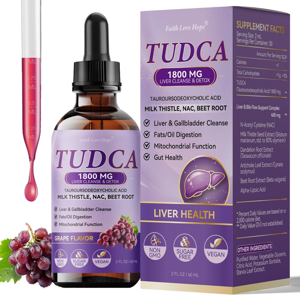 TUDCA Supplement 1800mg Drops, TUDCA Liver Support with Bile Salts, Milk Thistle, Beet Root, High Potency TUDCA+ for Liver Detox Repair Bile Flow and Gallbladder & Gut Health, Sweet Grape Flavor