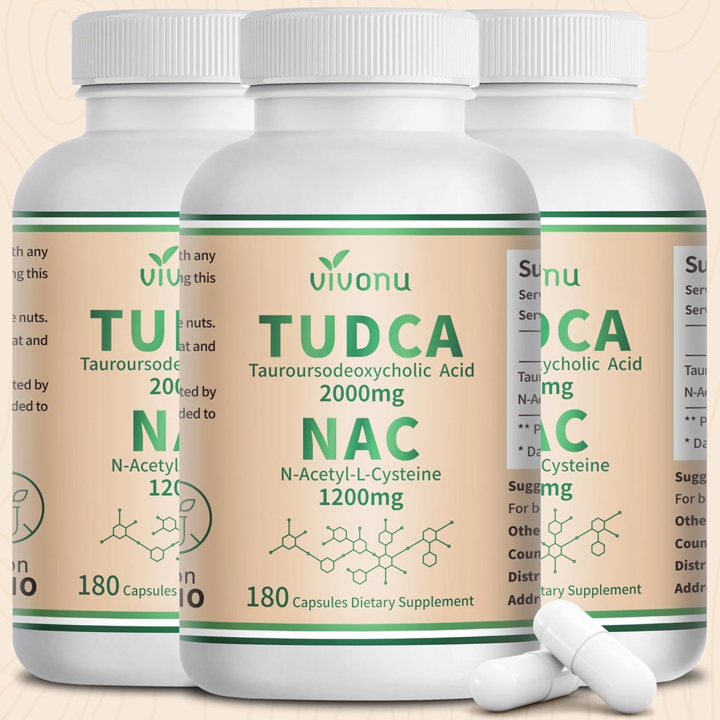 VivoNu TUDCA 2000mg + NAC 1200mg Supplement Complex Capsules, TUDCA Bile Salt + N Acetyl Cysteine, Antioxidant Supplements for Liver&Lung&Digestion&Gallbladder Cleanse(180 Capsules)