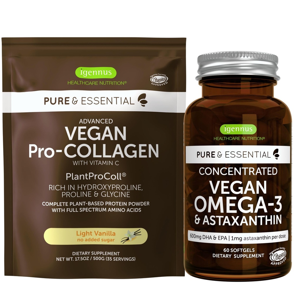 Poudre de protéines de collagène végétalien et groupe Oméga-3 végétalien, formule complète de collagène stimulant et huile d'algue durable 1340mg, par Igennus