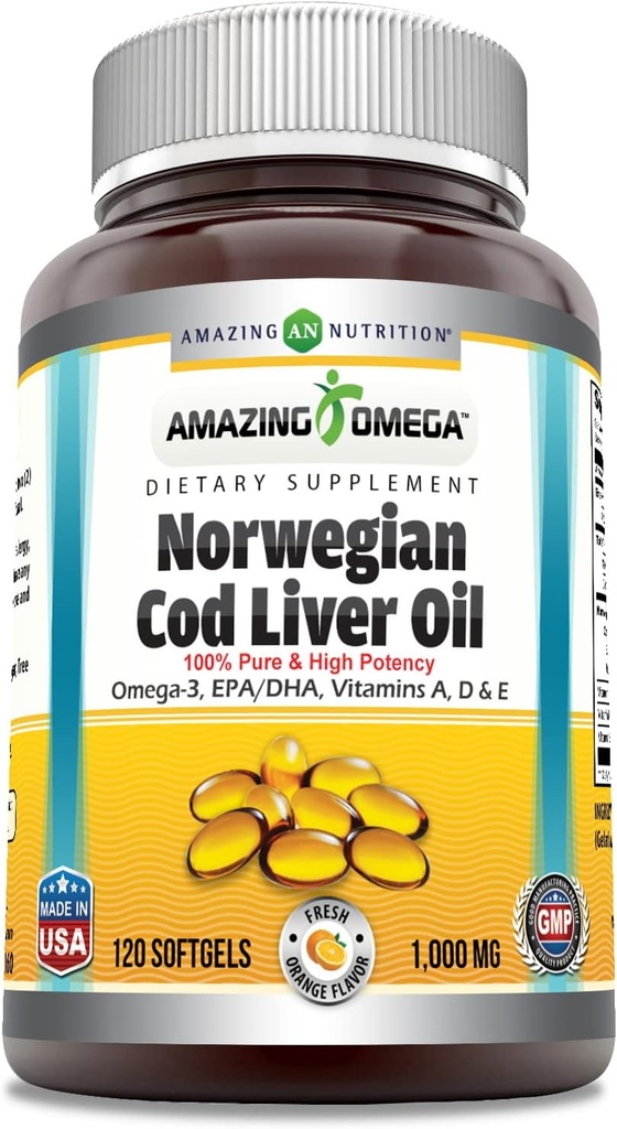Amazing Omega Norwegian Cod Liver Oil (Omega-3, EPA/DHA) Supplément de 1000 Mg par service.