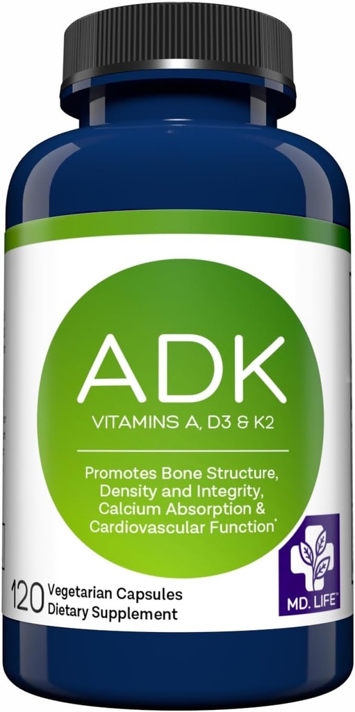 MD.LIFE ADK Vitamin Supplement – Vitamin D3 K2 and A Complex – 120 Capsules – High Potency Vitamin ADK for Bone and Heart Health Support
