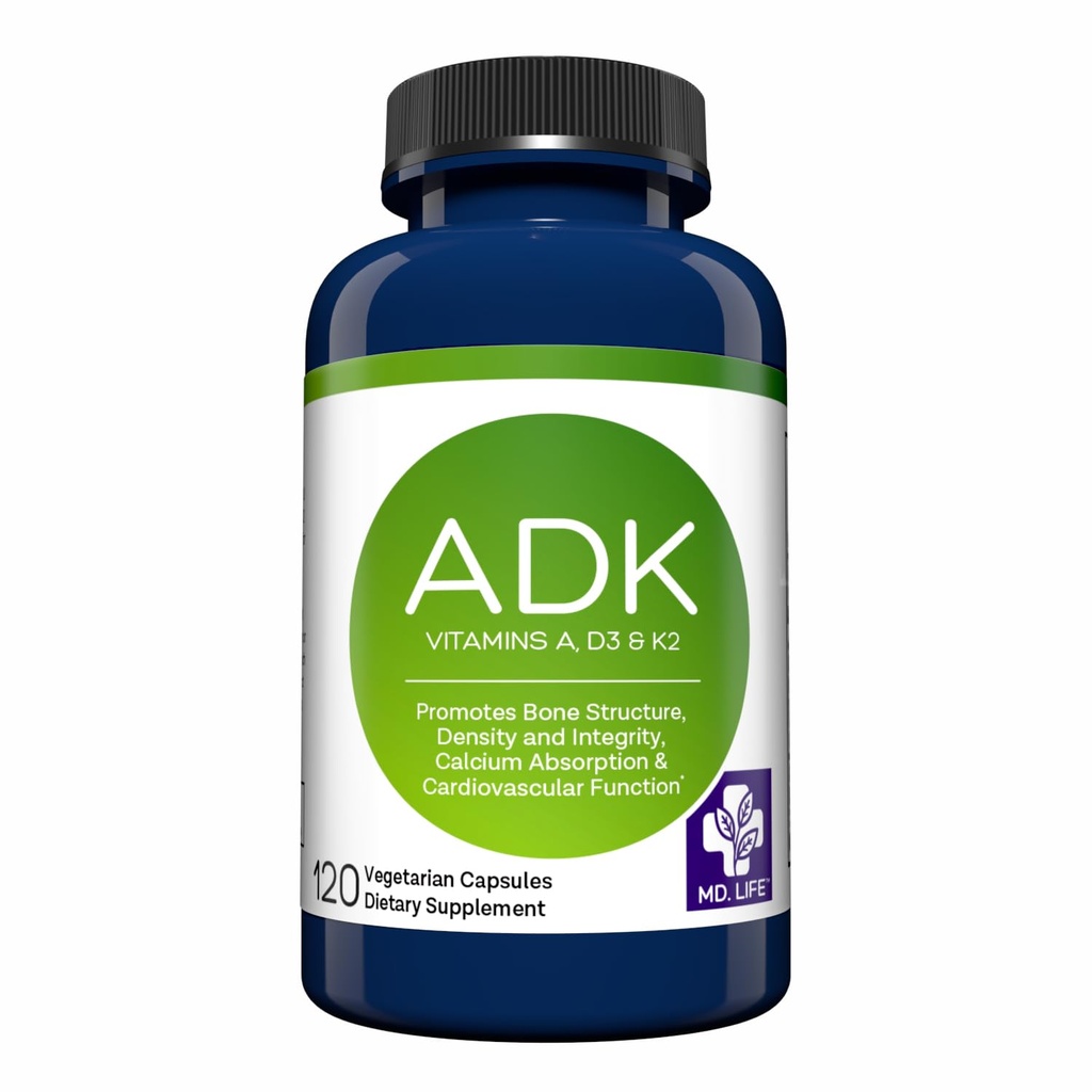 Supplément de vitamine MD.LIFE ADK – Vitamine D3 K2 et un complexe – 120 capsules – Vitamine ADK haute puissance pour le soutien de la santé des os et du coeur