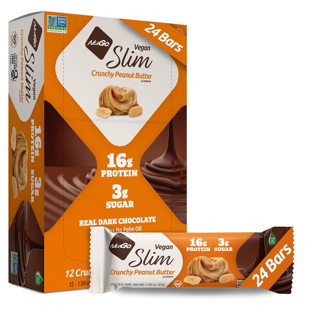 Nugo Slim chocolat noir croustillant beurre d'arachide, 16g Protéine végétalienne, 3g sucre, 7g fibre, faible carbure net, Keto amical, sans gluten, 24 comte