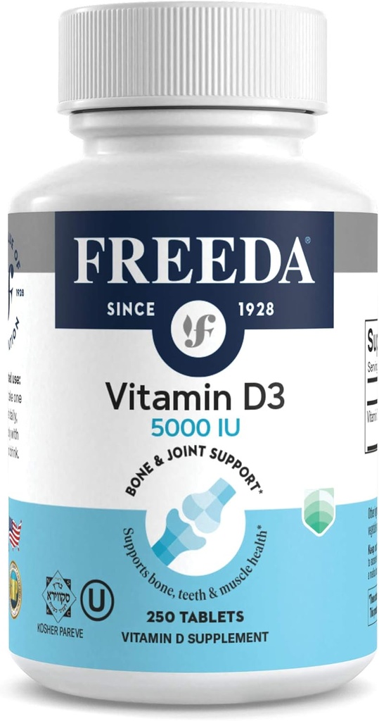 FREADA Vitamine D3-5000 UI - Comprimés de supplément de casher à haute puissance pure - Santé des os et des muscles, Absorption de calcium, Soutien immunitaire pour les hommes et les femmes* - 250 Nombre