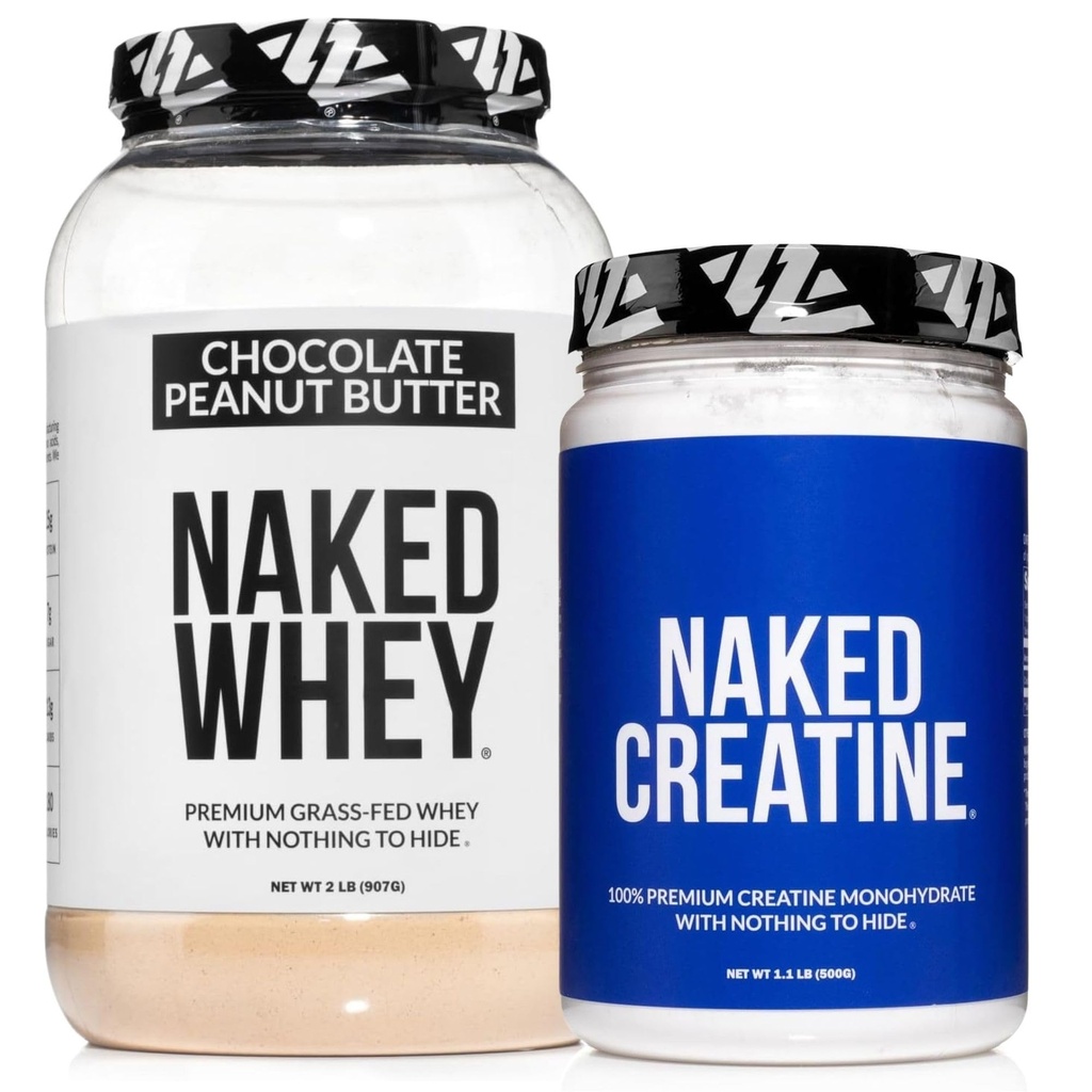 NAKED poudre de protéines de beurre d'arachide au chocolat de lactosérum (21 portions) + monohydrate de créatine micronisée pure 500g (100 portions) – gazon; en vrac; sans OGM; sans gluten; sans soja