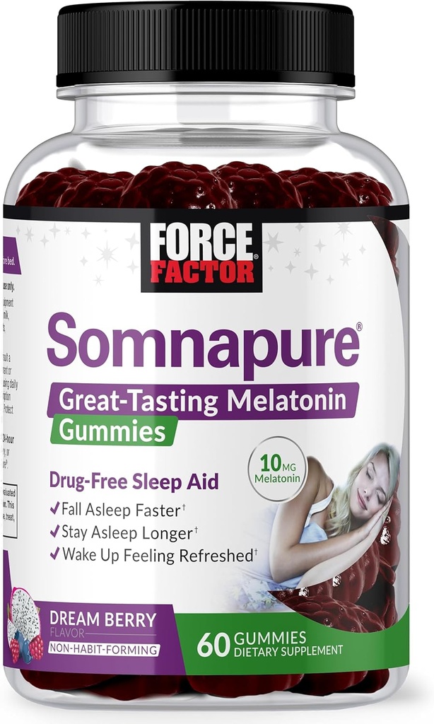 FACTEUR DE FORCE Somnapure Gummies avec la mélatonine 10 mg pour les adultes, non-habitante, aide naturelle au sommeil pour le sommeil profond, rester plus longtemps en sommeil, se réveiller rafraîchi, Dream Berry Flavor, 60 comte (paquet de 1)