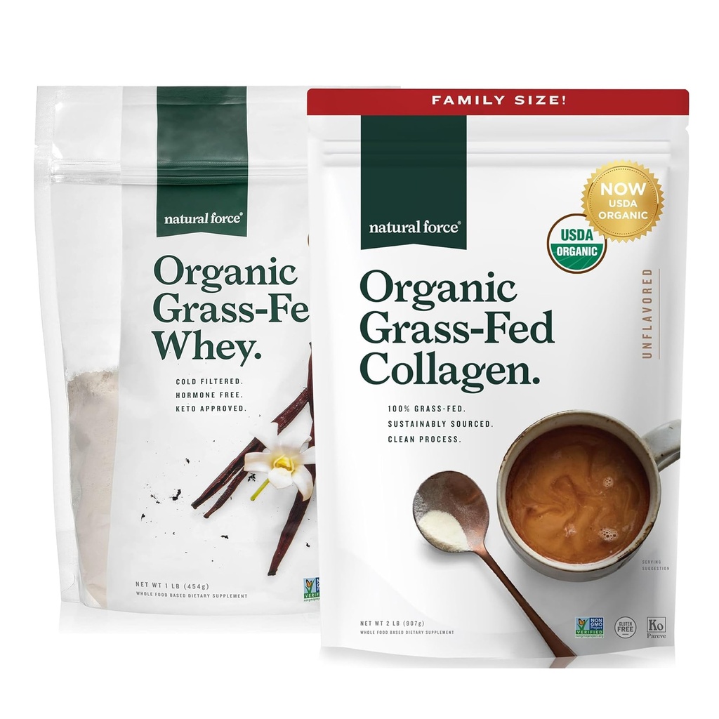 Natural Force Grass Fed Organic Whey Protein Powder Vanilla Flavor 16 oz Organic Clean Collagen Peptides Powder Unflavored, 32oz