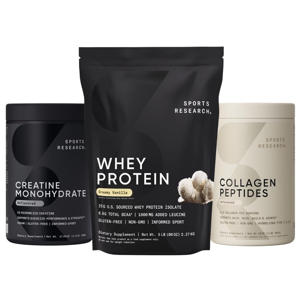 Sports Research® Protein Pack - Whey Isolate Protein Powder 5lb + Creatine Monohydrate 1.1lb + Collagen Peptides 1lb