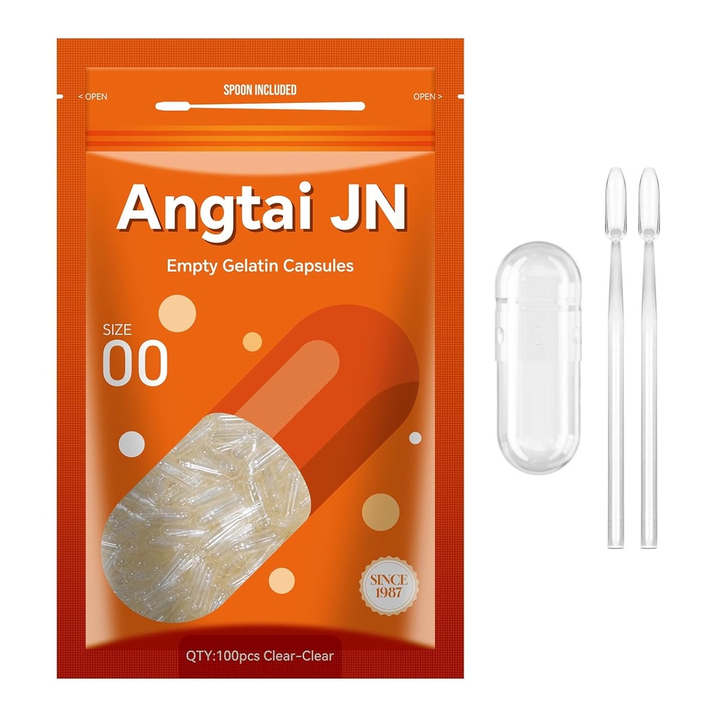 Angtai JN Capsules gélatine Taille 00 Caps de gel de pilule vides Pure Bovine Clear (100 Compte) Sans gluten, sans OGM, Kit de remplissage certifié Halal avec 2 cuillères pour bricolage Vos propres suppléments