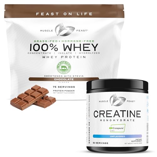 Muscle Feast 100% Whey + Creatine Bundle: (1) 100% Whey Protein (Chocolate, 5lb) + (1) Creatine Powder (Unflavored, 300g)