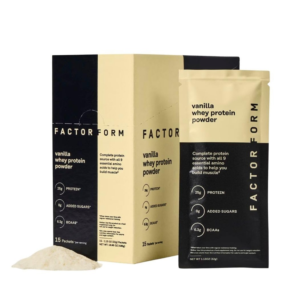FACTOR FORM Whey Protein Powder | 100% Whey Isolate | 25g Protein & 6.3g BCAAs | Low Carb & Keto-Friendly | No Added Sugar (15 Packets, Vanilla)