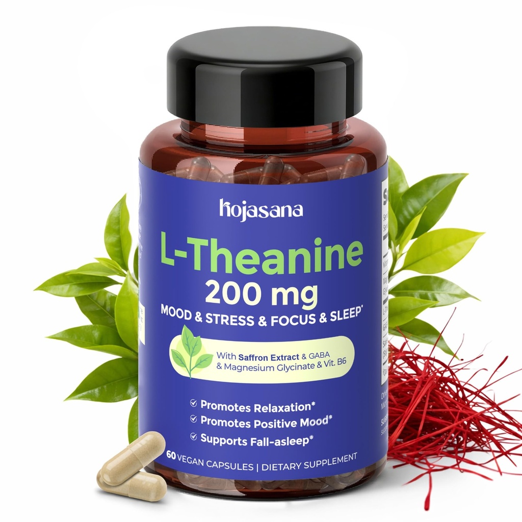 L Theanine 200mg avec Safran, GABA, Magnésium Glycinate & Vitamine B6, L-Theanine Supplément Formule complexe avancée pour la relaxation de l'humeur et le stress et soutien du sommeil, 60 Capsules Vegan