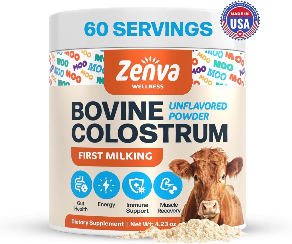 Supplément de colostrum Bovine Colostrum pour les humains 100% Herbe pure Fed, Supergut Santé & Immmune Support, 50% IgG, Non aromatisé, Calostro Bovino para Adultos Organico 60 portions Poudre