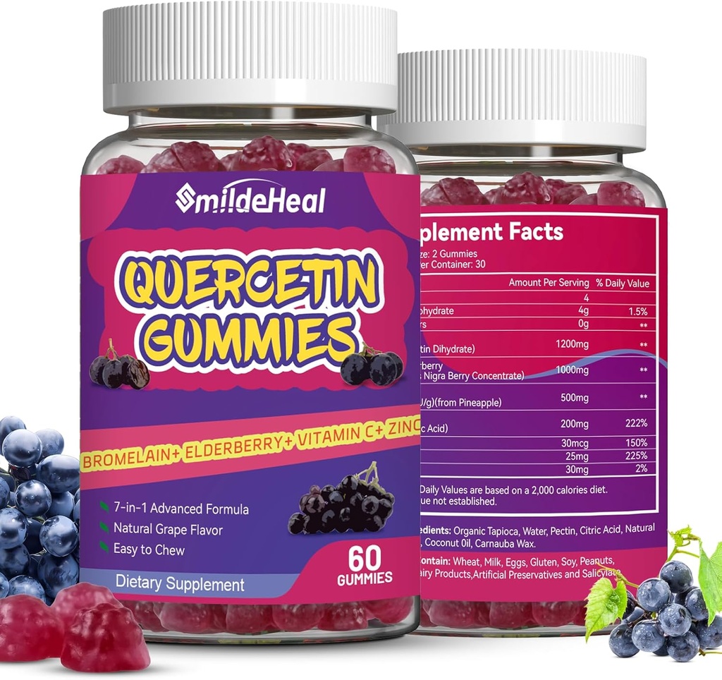 Gommies Quercetin à 2 paquets 1200MG, Gommies Quercetin avec Bromelain, Zinc Vitamine C, Gommy végétalien système immunitaire pour adulte et enfant, 120 Vegan