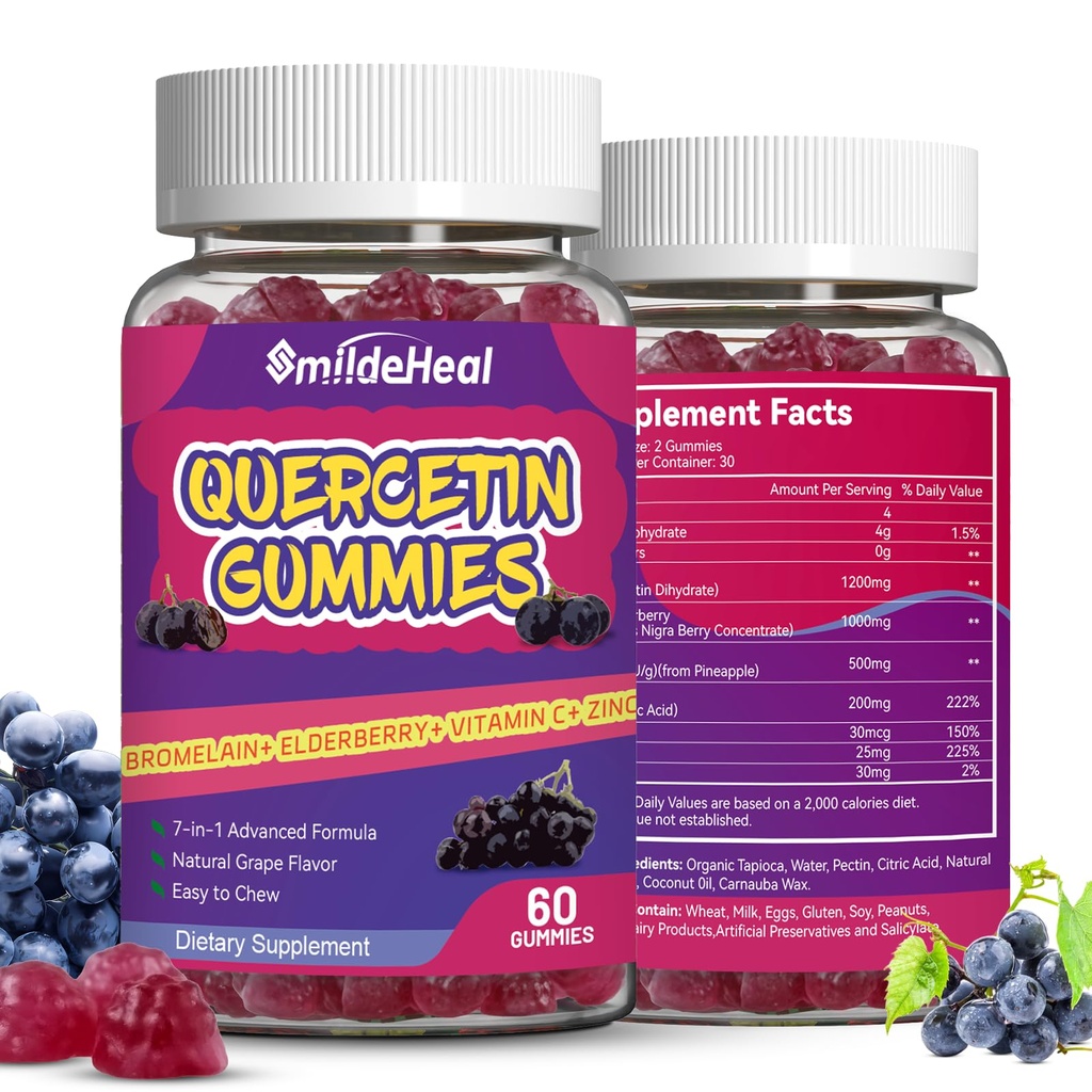 Gommies Quercetin à 2 paquets 1200MG, Gommies Quercetin avec Bromelain, Zinc Vitamine C, Gommy végétalien système immunitaire pour adulte et enfant, 120 Vegan