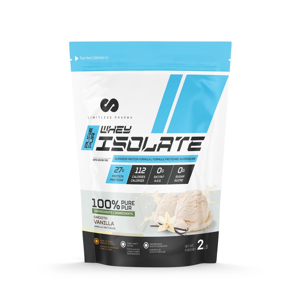 Limitless Pharma Pure Whey Isolate de poudre de protéines à haute teneur en protéines de lactosérum 27g Protéines, 6g BCAAs, sans sucre, sans gluten, faible teneur en glucides, faible teneur en lactose 30 portions, 2LB (Vanilla)