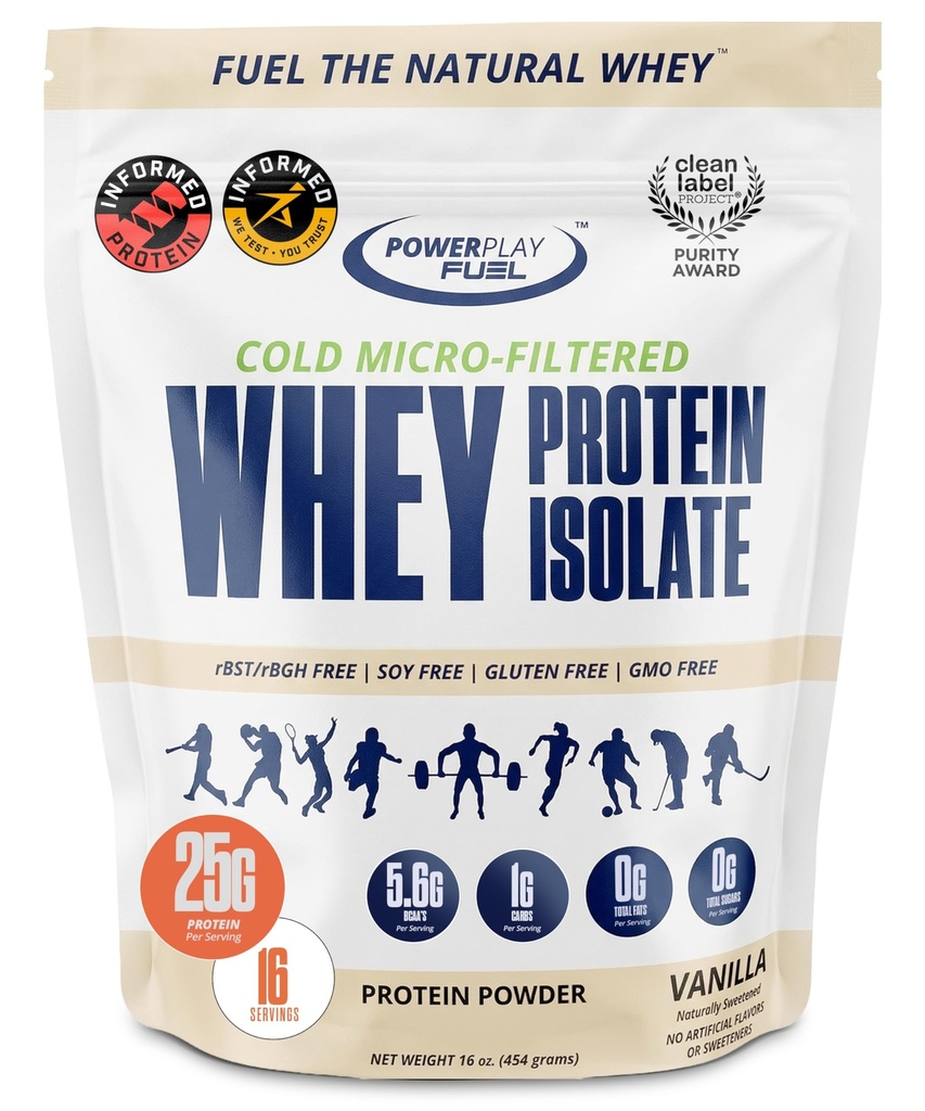 Vanilla Protein Powder, 1lb – Sugar Free & Gluten Free Whey Protein Isolate Powder, 25g Per Serving, Grass-Fed & Cold Micro-Filtered, Sport Certified, Ideal for Athletes