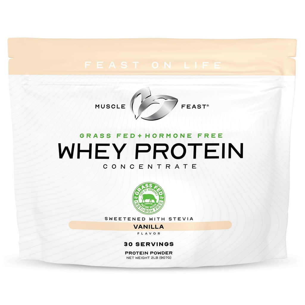 Muscle Feast Grass-Fed Whey Protein Concentrate Powder, All Natural, Hormone Free Pasture Raised Whey Protein Powder for Women & Men, Clean, Non-GMO & Gluten Free Whey Concentrate - Vanilla, 2lb