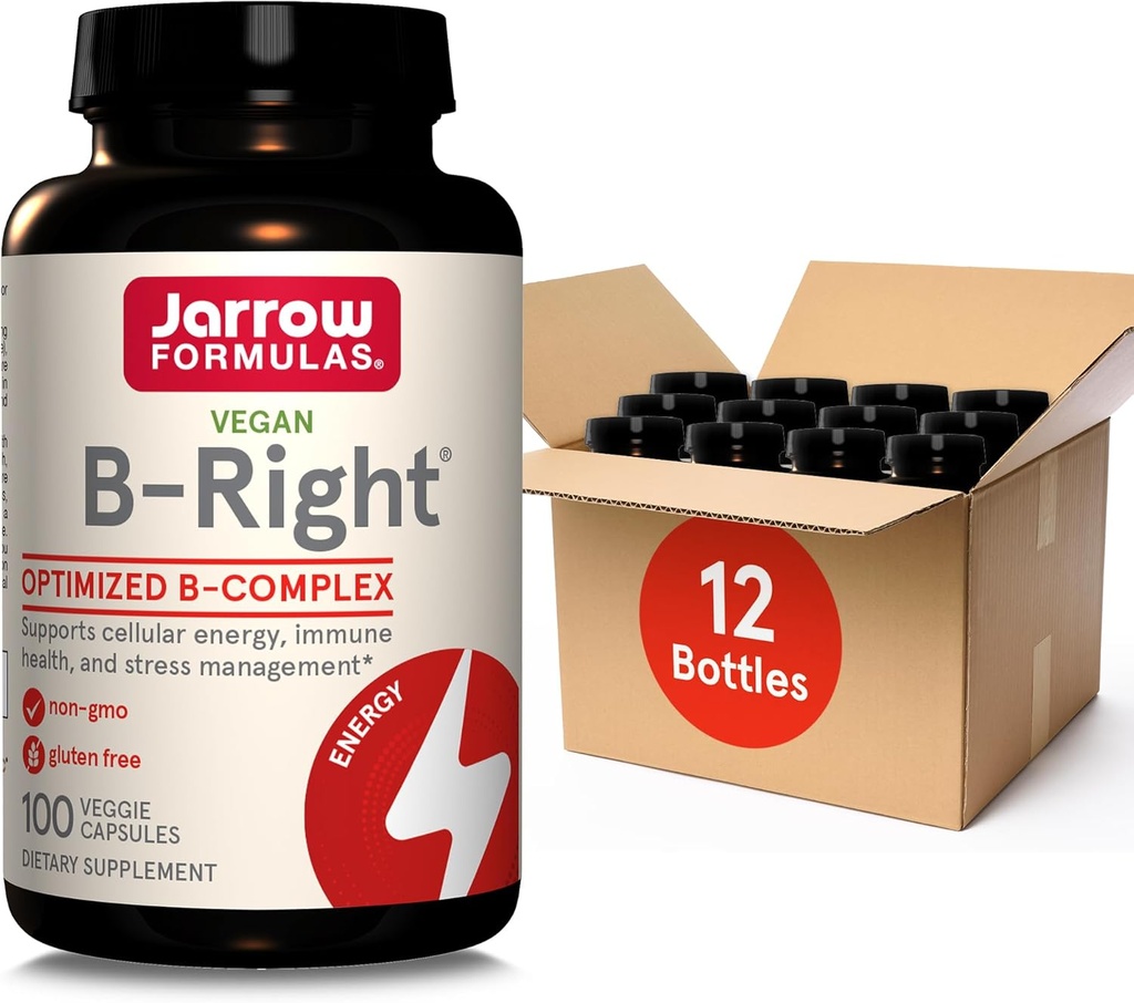 Formules de Jarrow B-Right, Complexe B optimisé avec Vit B1,B2,B5,B6,B12 et B9 pour soutenir l'énergie cellulaire, la santé immunitaire et la gestion du stress,100 Veggie Caps, Jusqu'à 100 jours d'approvisionnement, pack de 12