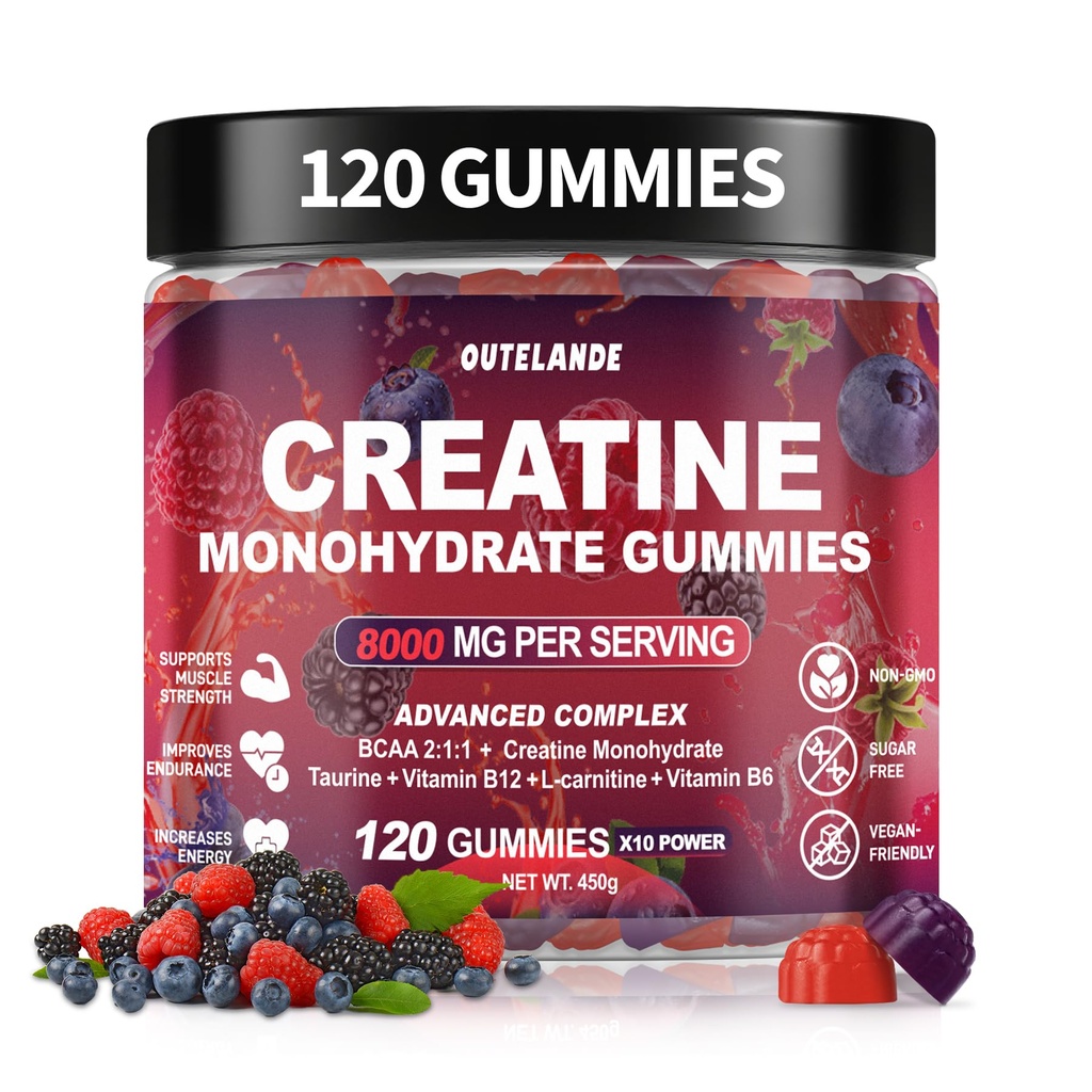 Creatine Monohydrate Gommies 8000 mg pour les hommes et les femmes, supplément de créatine pour une croissance musculaire accrue, stimuler l'énergie - avec L-Taurine, sans sucre, végétalien, framboise BlackBerry Blueberry Flavor-120 Comte
