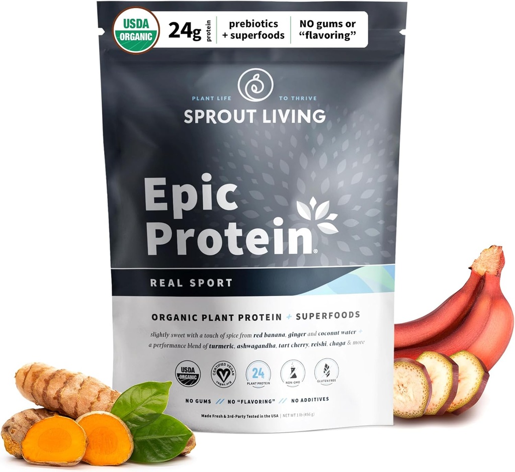 Sprout Living, Protéines épiques, Protéines végétales et Superfoods Poudre, Real Sport de 24 grammes de poudre de protéines organiques, récupération, végétalien, non laitière, non-OGM, sans gluten, faible sucre (1 livre, 12 portions)