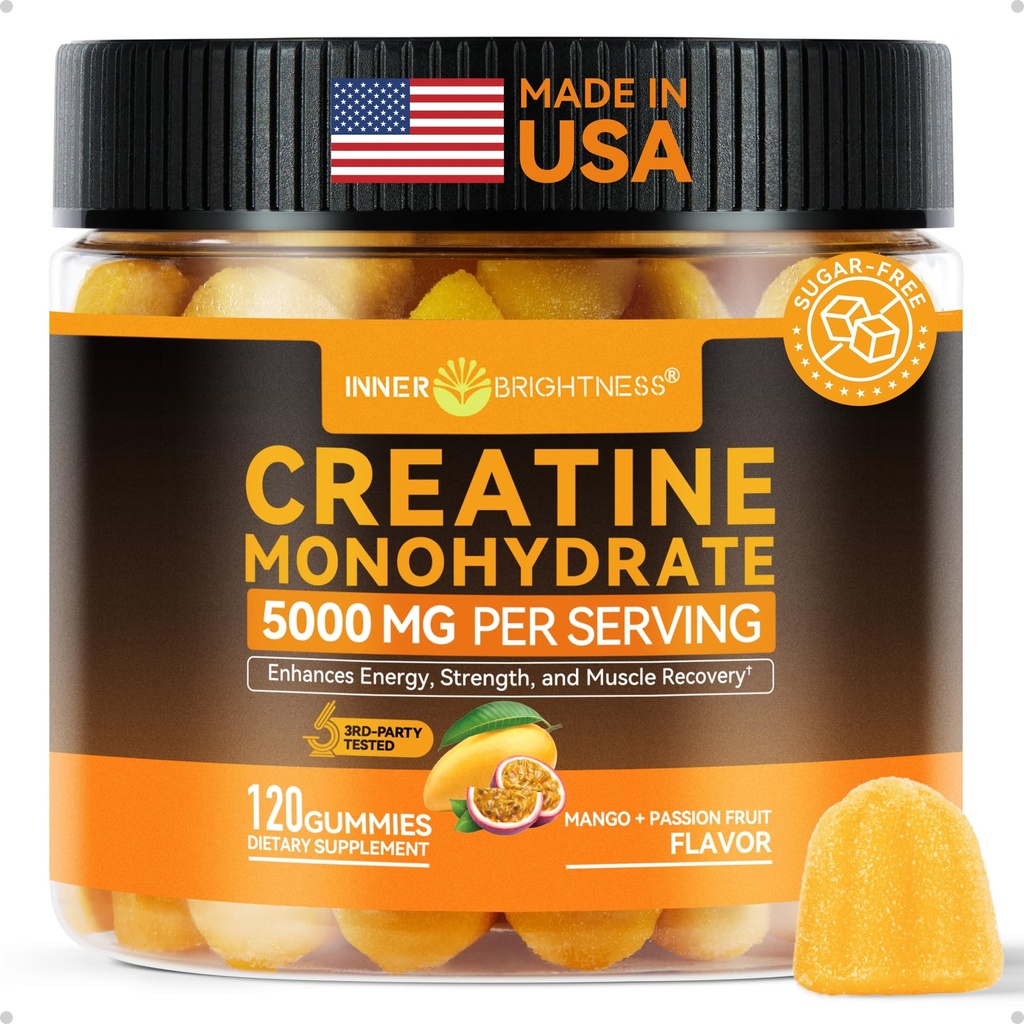 Luminosité intérieure Gommies monohydratées de créatine pour les hommes et les femmes 5000 mg, 3ème partie testée, Creatine Chews pour la croissance musculaire, la force et le soutien énergétique, sans sucre, Vegan, 120 Comte, Mango Passionfruit