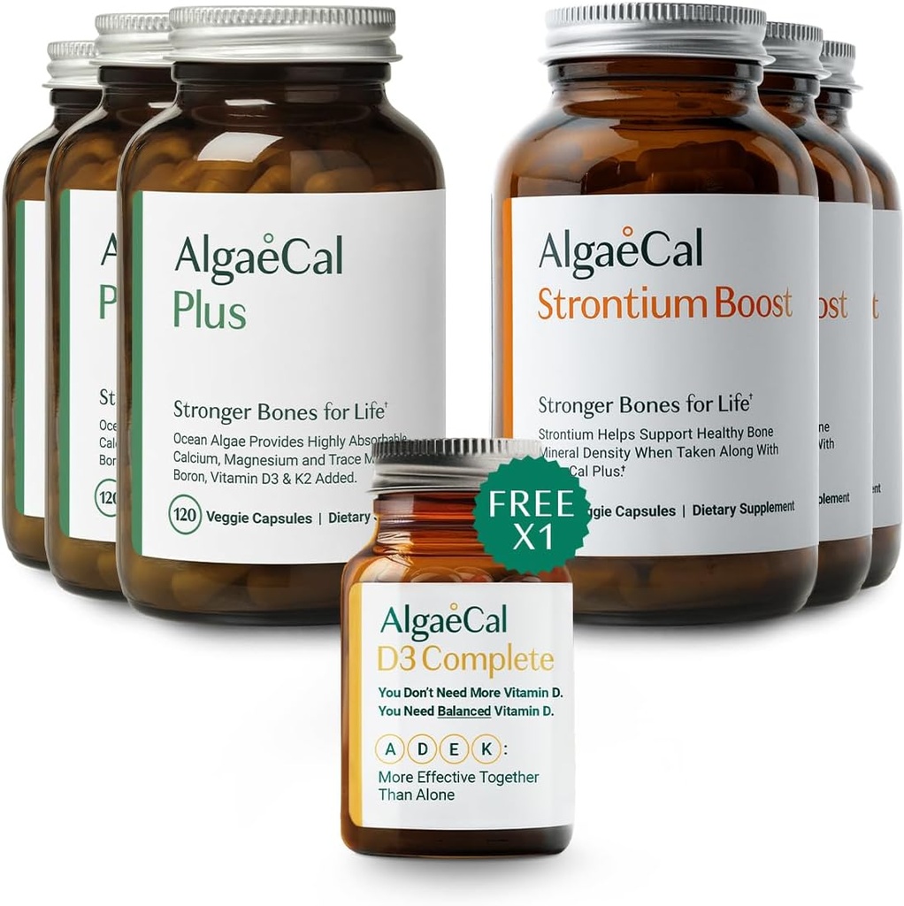 ALGAECAL Bone Health Bundle - 4-en-1 Vitamine D3 Complete & Red Algae Calcium avec 16 nutriments essentiels, cliniquement soutenu pour augmenter la densité osseuse en 6 mois
