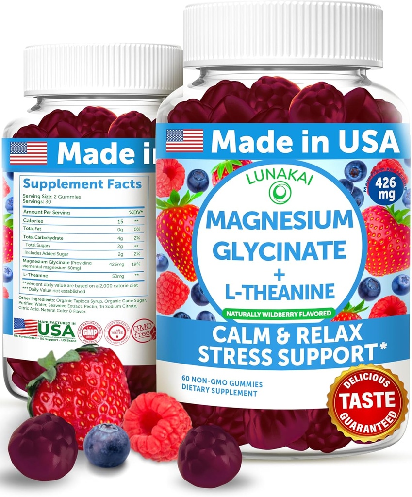 Lunakai USA Magnesium Glycinat Gommies 426mg avec L-Theanine – Calme, sommeil, soulagement du stress pour les adultes et les enfants, non-OGM, végétalien, 60ct