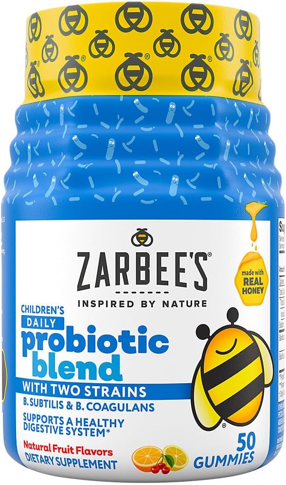 Gummies quotidiennes de mélange probiotique pour enfant de Zarbee avec 2 souches pour le soutien digestif; facile à mâcher; sans gluten et sans médicament; 2 ans et plus; arômes naturels de fruits; 50 comtes