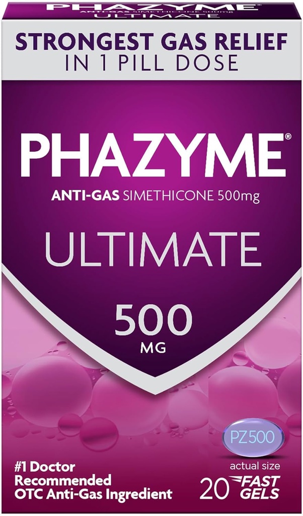 Phzyme Ultimate Strength Anti-Gas 500 mg Siméthicone Gas Relief pour les adultes, Gels rapides Rapidement Ease Bloating, Pression et Désagrément, 20 Compte