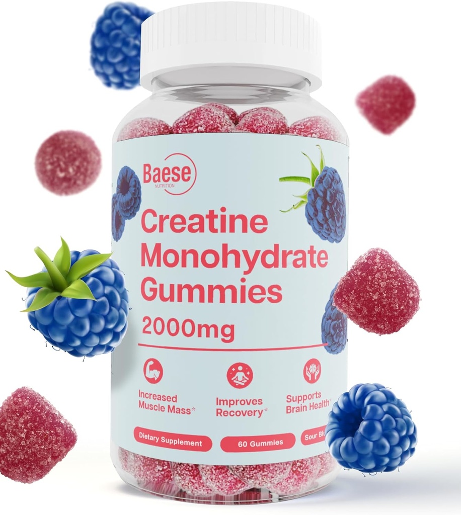 Gommies monohydratées de créatine pour les hommes et les femmes - Raspberry bleu aigre haute pureté- Gommy infusé de créatine à croquer pour la force musculaire et l'énergie Boost, Biodisponible Supplément pré-entraînement