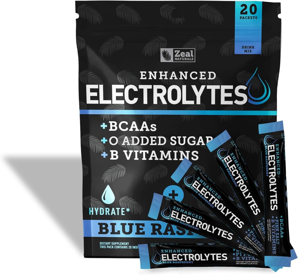 Boîtes de poudre d'électrolytes améliorées (framboise bleue) 20 paquets avec sucre + BCAA + B-Vitamines Supplément d'électrolyte avec Zinc de potassium et Magnésium pour hydratation - Electrolytes de kéto