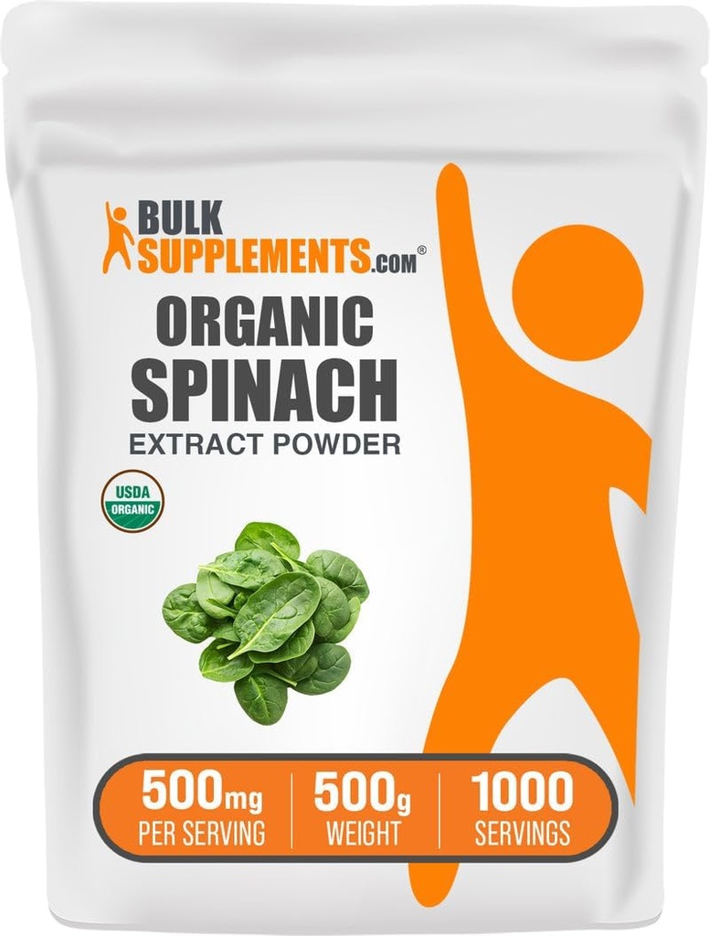 BulkSupplements.com Poudre d'extrait d'épinards organiques - Poudre d'épinards organiques de l'extrait de feuille, supplément à base de plantes - sans gluten, 500mg par portion, 500g (1,1 lb) (paquet de 1)