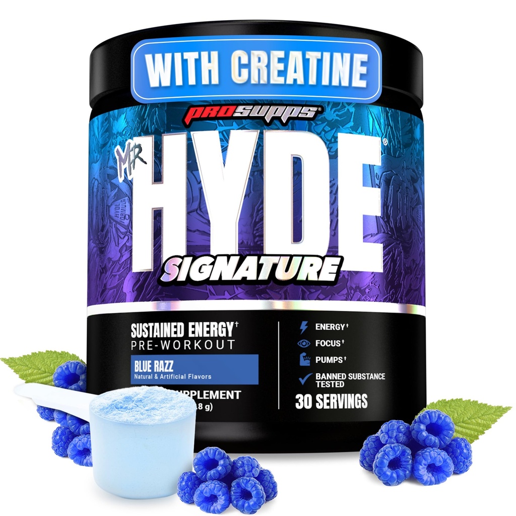 ProSupps M. Hyde Signature Poudre de préentraînement avec Créatine, Beta Alanine & Caféine - Performance, énergie et endurance - Suppléments de fitness et de gym pour hommes et femmes (Razz bleu, 30 portions)