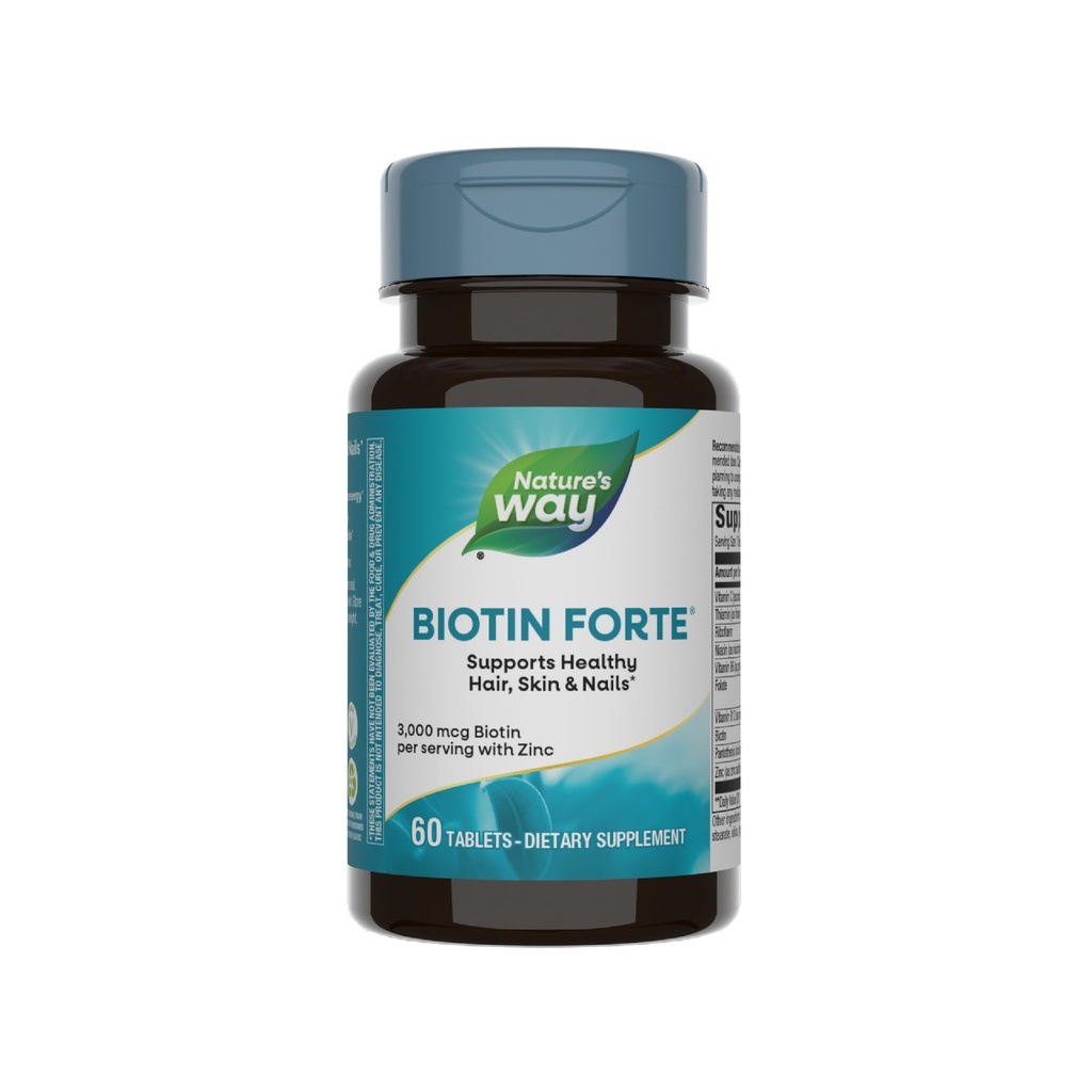 Nature's Way Biotin Forte, soutient la santé des cheveux, de la peau et des ongles*, 3000 mcg Biotine par portion, avec zinc, vitamine C, B-vitamines, 60 comprimés (paquetage May Vary)