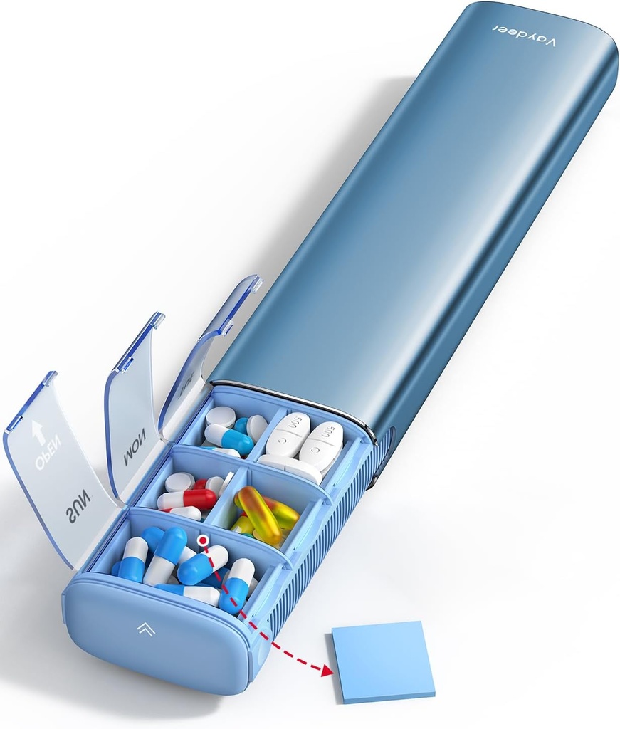 Vaydeer Organisateur hebdomadaire de pilules de 7 jours (support 2 fois par jour), Cas de pilules de voyage en métal, boîte quotidienne de pilules de haute capacité pour suppléments, pilules, vitamines et médicaments (bleu)